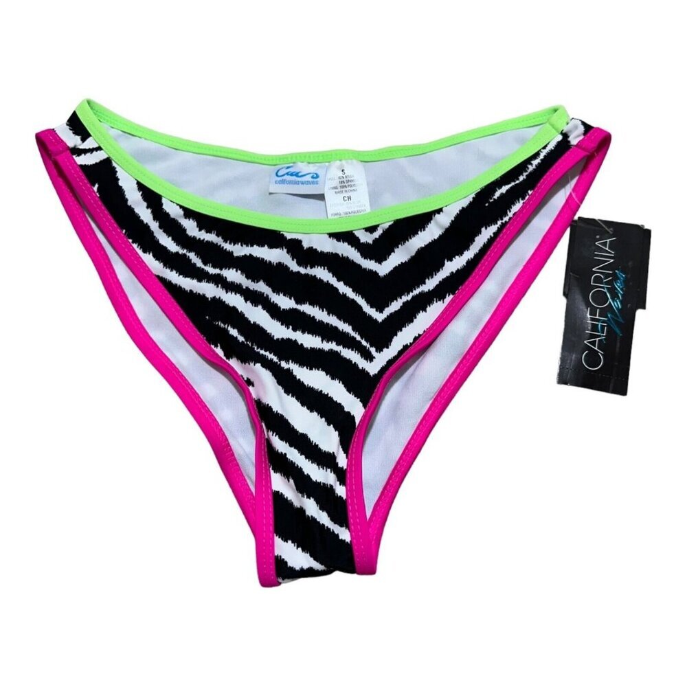 California Waves Junior Size S Zebra Print Neon Trim Bikini Bottoms Swimsuit NWT